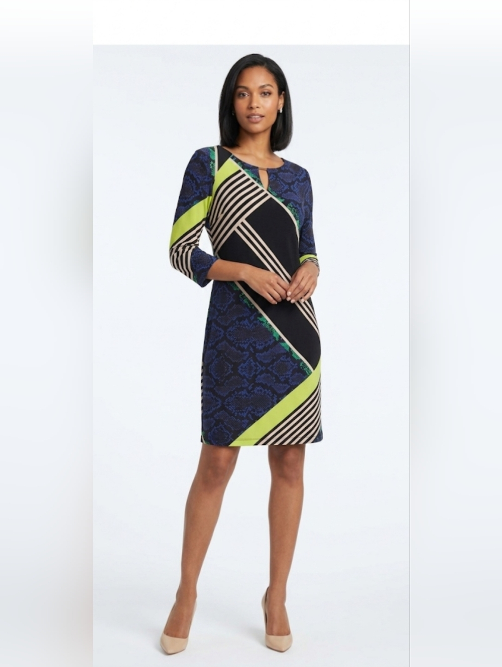 Vince Camuto Blue Black Asymmetrical Sheath Dress.  Size 10.